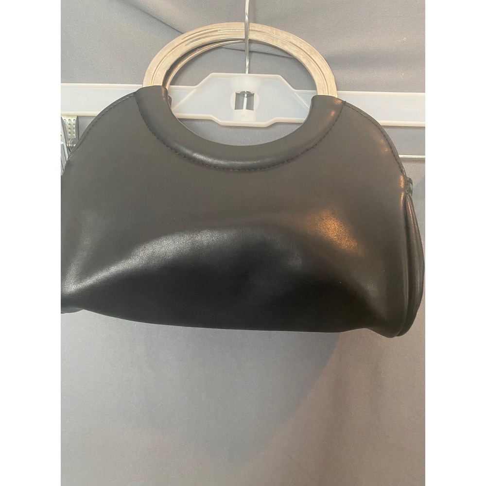 Whatever Black Faux Leather Mini Handbag Silver Metal Ring Handles Y2K Vintage